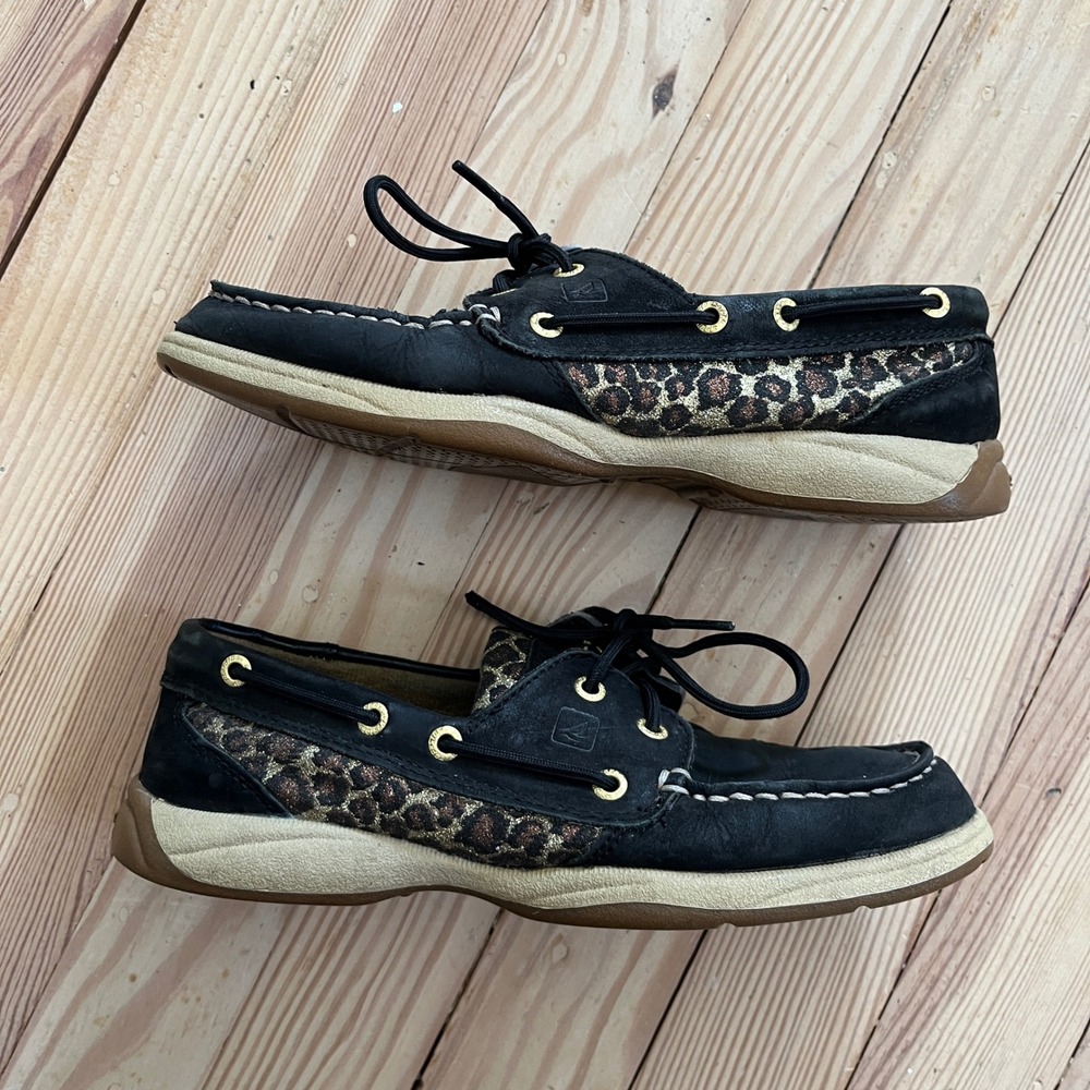 Sperry Top-Sider Angfish Black Leather Leopard Glitter Boat Shoes loafers 6.5 - Picture 5 of 9